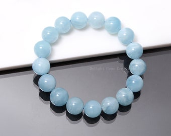 Natuurlijke blauwe aquamarijn kralenarmband, 12 mm aquamarijn ronde stretch armband met kraal, AAA-kwaliteit aqua-beryl elastische armband voor mannen vrouwen