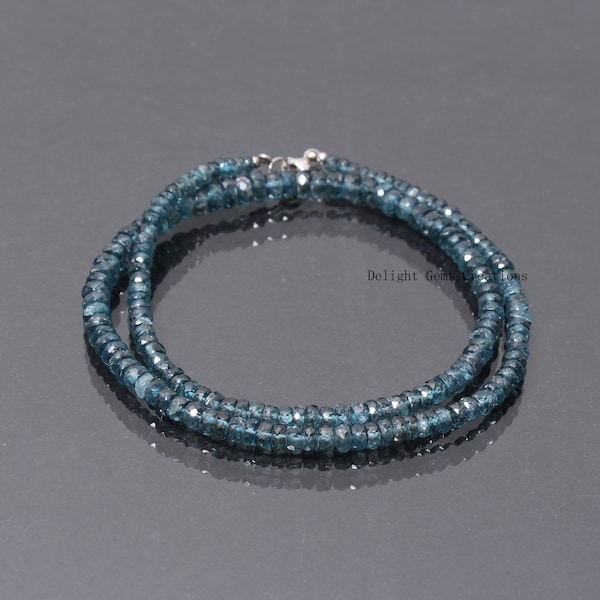 Natural Indigo Kyanite Beaded Necklace, Sterling Silver, Faceted Rondelle, 18.5 Inch