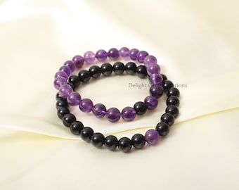 Black Onyx & Amethyst Couples Stretch Bracelets, 8mm Smooth Round Beads Bracelet, Matching Bracelets, His and Hers Jewelry, Gift for Couples