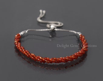 Carnelian Bolo Chain Silver Adjustable Bracelet, 2mm Micro Faceted Gemstone Beads Bracelet, Bolo Chain 925 Sterling Silver Jewelry, Gift