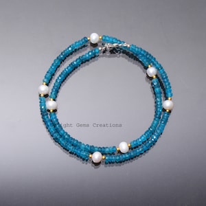 Neon Apatite and Pearl Beaded Necklace, Faceted Rondell Gemstone