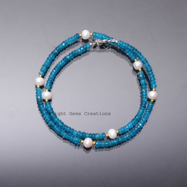 Neon Apatite and Pearl Beaded Necklace, Faceted Rondell Gemstone