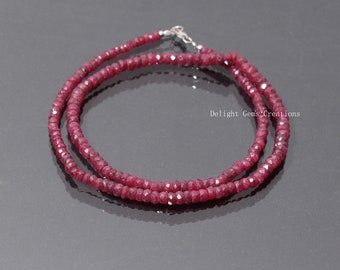 ON SALE ruby beaded necklace, ruby faceted 3.5mm to 5mm rondelle beads necklace, 16-24 inch long red ruby necklace with 925 sterling silver