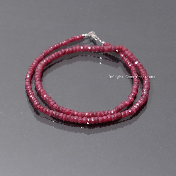 ON SALE ruby beaded necklace, ruby faceted 3.5mm to 5mm rondelle beads necklace, 16-24 inch long red ruby necklace with 925 sterling silver