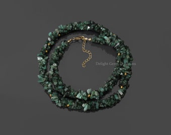 Emerald Gemstone Chips Necklace, 4x5mm Chips Nuggets Beads Necklace, Twisted Thick Rope Beaded Necklace With Gold Plated Clasp