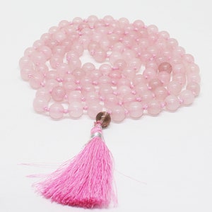 Natural Rose Quartz 108 Beads Mala Necklace, 8mm Rose Quartz Beads Strand Long Mala Necklace, Knotted Mala Strand, Japa Mala Tassel Necklace
