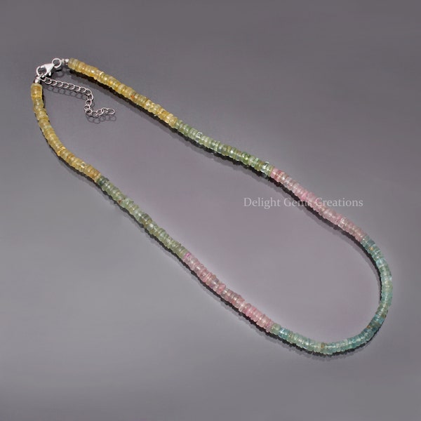 Collier de perles d’aigue-marine multicolore naturel, perles de pneus lisses multi-aigue-marine de 5,5 mm, 130 Cts./ AAA++ Perles de pierre semi-précieuses Bijoux