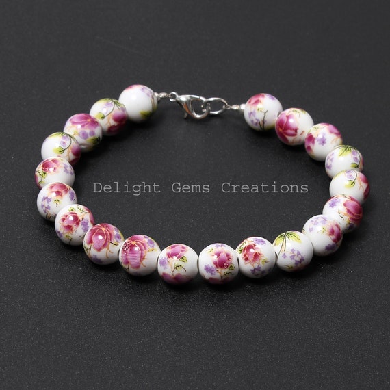 Pink Flower Ceramic Bead Bracelet, Floral Porcelain Jewelry