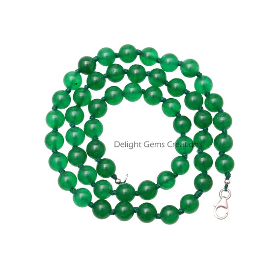 Natural Green Jade Gemstone Beaded Necklace – 18in – Round 6-14mm – Silver Plated – Handmade