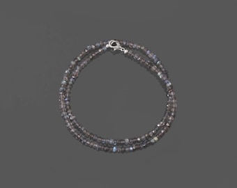 Collar de labradorita natural, plata de ley, collar de cuentas grises de labradorita de 4 mm, collar con cuentas de labradorita, joyería de labradorita de 18 pulgadas