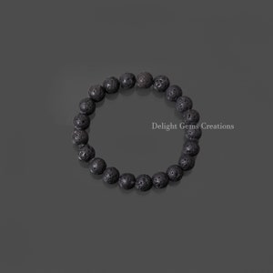 Natural Lava Gemstone Beads Stretch Bracelet, 10mm Lava Round Beads Bracelet, Black Bead Bracelet, Yoga, Unisex Men&#39;s and Women&#39;s Bracelet