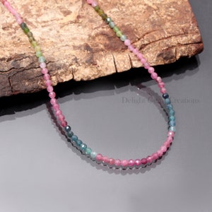 Natural Multi Tourmaline Beaded Necklace 3.5mm Watermelon Tourmaline Gemstone Bead Necklace, Multi Color Tourmaline Necklace, Women&#39;s, Gift