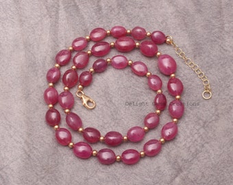 Natural Red Ruby Beaded Necklace, Handmade Gemstone Jewelry