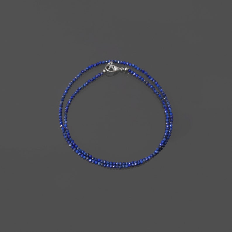 Lapis Lazuli Beaded Necklace, 2.5mm Blue Lapis Lazuli Micro Faceted Round Bead Necklace, Semi Precious Blue Tiny Beads Necklace 18 36 Inch image 1