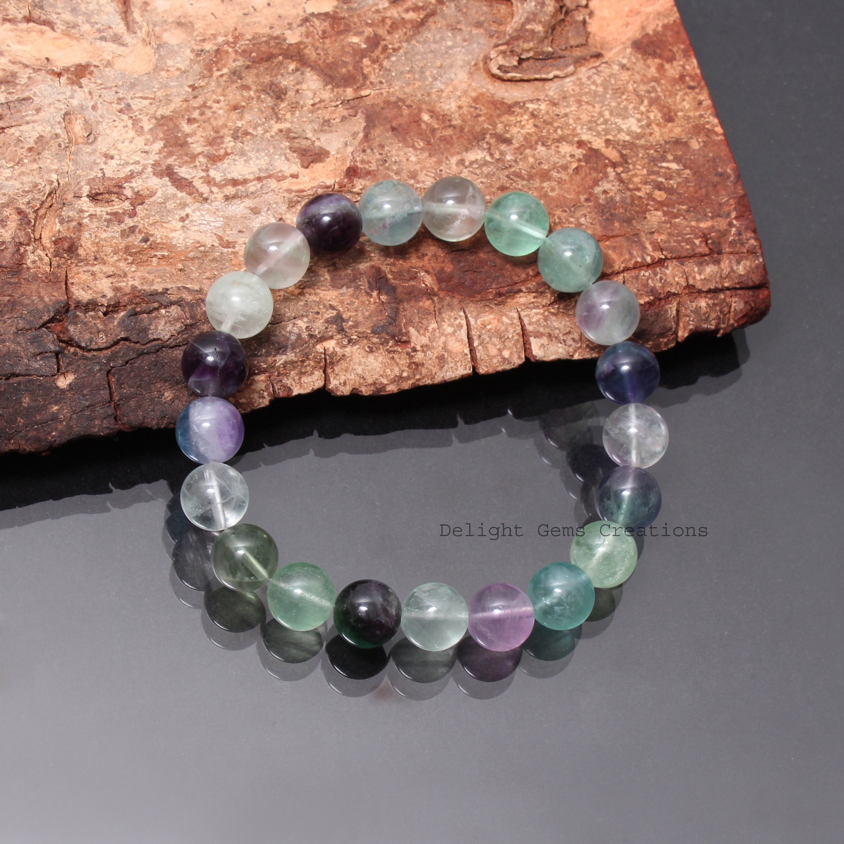 Natural Fluorite Round Bead Stretch Bracelet-10mm-10.5mm Multi Fluorite  Smooth Beaded Bracelet, Blue Purple Fluorite Stacking Jewelry 