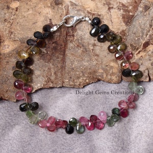 multi tourmaline beads bracelet, 4x6mm multi color tourmaline beaded bracelet, watermelon tourmaline faceted pear bead bracelet 6 to 8 inch