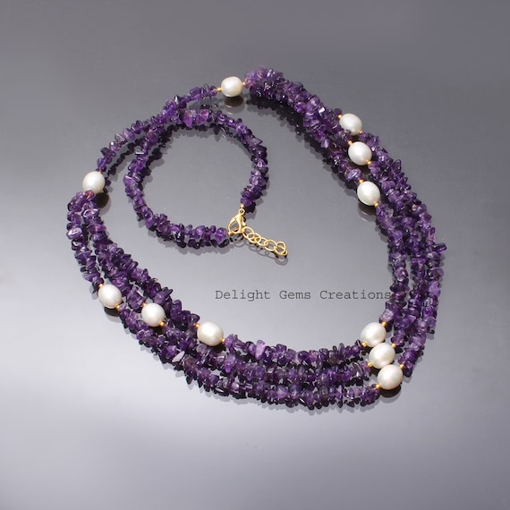 Collier Vintage 2 Rangs Perles En Améthyste Naturelle - Bijou Bohème Violet - Occasion