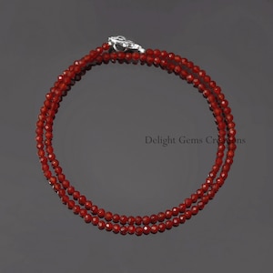 Natural Red Carnelian Beaded Necklace- 3.5mm Faceted Round Beads Necklace- 925 Sterling Silver-Handmade Necklace- Women&#39;s Necklace, Gift