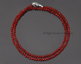 Collar de cuentas de cornalina roja natural- Collar de cuentas redondas facetadas de 3,5 mm- 925 Plata esterlina-Collar hecho a mano- Collar de mujer, regalo