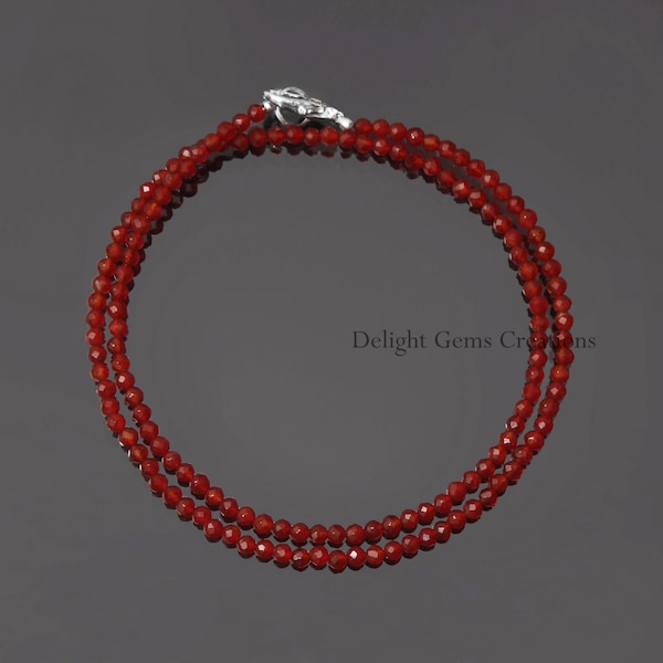 Collier de perles de cornaline rouge naturel - collier de perles rondes facettées de 3,5 mm - collier 925 en argent sterling fait à la main - collier pour femmes, cadeau