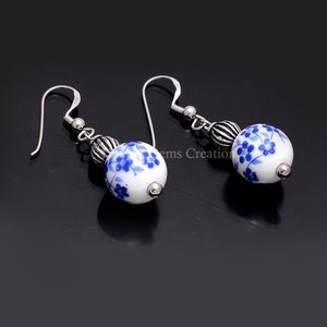 Ceramic Bead Earrings, Silver Earrings, Blue Flower 12mm Ceramic Earrings, Drop Earrings, Birthday Gift, Earring For Women, Gift For Her