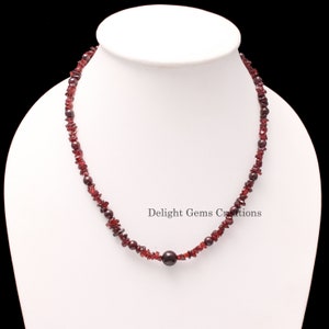 Semi-Precious Natural Garnet Beaded Necklace-Red Smooth Round / Chips & Nuggets Gemstone Necklace-Christmas Gifts-Women Christmas Jewelry
