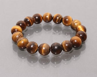 12mm Tiger Eye Beaded Stretch Bracelet, Natural Gemstone