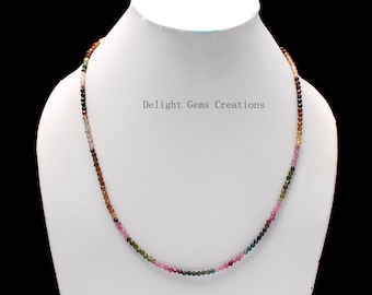 AAA++ Multi Tourmaline Necklace, 3mm Natural Watermelon Tourmaline Faceted Round Bead Necklace, Multi Color Tourmaline Necklace,Gift For Her