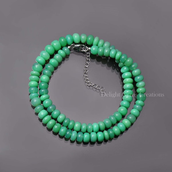 Natural AAA Green Chrysoprase beaded necklace- 7mm-8mm smooth rondelle green gemstone jewelry-925 lobster clasp-best gifts for him/her