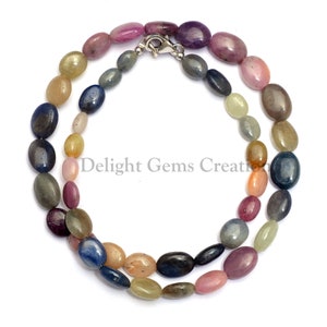Multi Sapphire Necklace, Genuine Sapphire 5-9mm Smooth Oval Tumble Beads Necklace, Sterling Silver, Gemstone Necklace,Beautiful Gift For Her