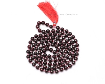 Rhodolit Granat Mala Halsband, 108 Knutna Röda Pärlor Tofs