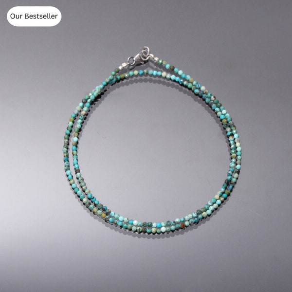 Collier de perles turquoises dégradées bleu-vert naturel - 2 mm - 2,5 mm Collier de perles rondes micro-facettes - Bijoux turquoise AAA - Collier minimaliste