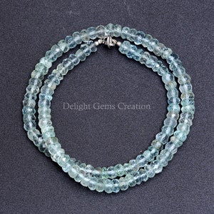 Natural Aquamarine Beaded Necklace, Faceted Blue Aquamarine Rondelle Beads Necklace, 5-5.5mm Beads, Aquamarine Gemstone Necklace For Women