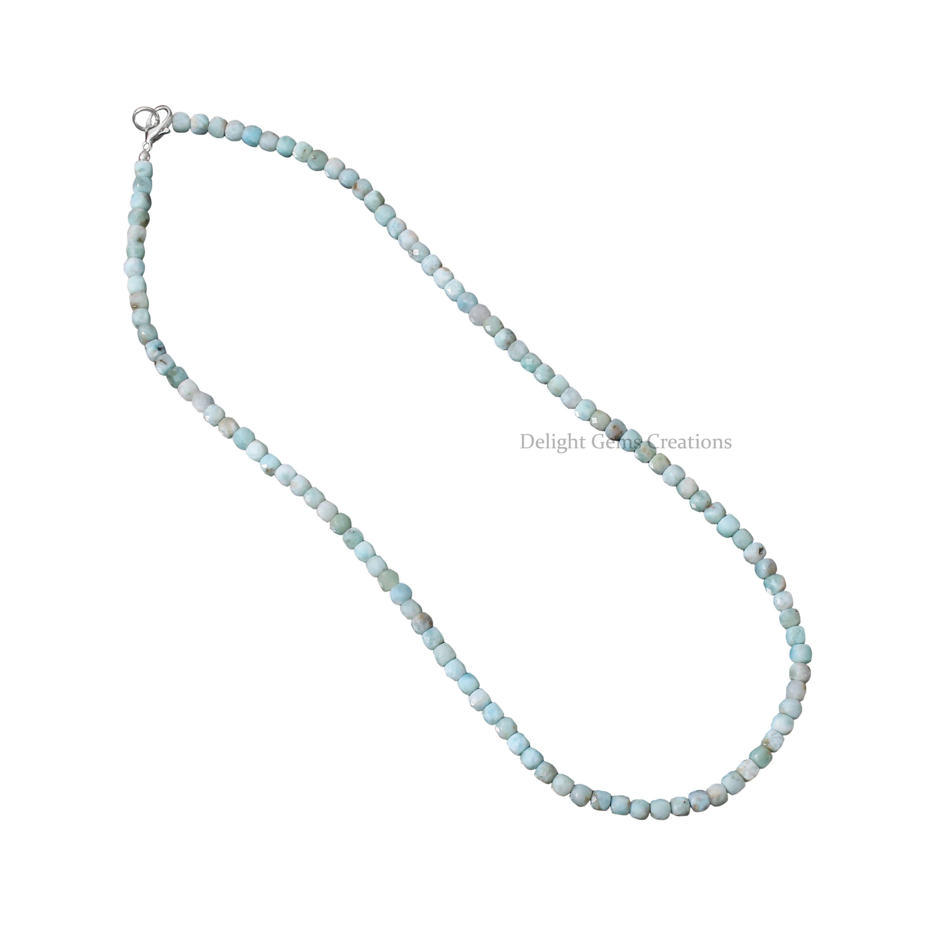 天然ラリマー ファセットキューブビーズネックレス 4.5mm 宝石 
