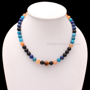 Multi-Gemstone Boho Necklace - Fire Agate, Black Onyx, Apatite, Lapis Lazuli & Tiger Eye - 10mm Smooth Round Beads (16-24 Inches)