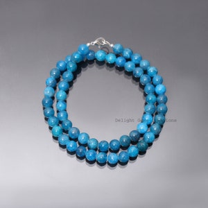 Exclusive Blue apatite beaded necklace-8mm Smooth round gemstone jewelry-Customize in length-925 lobster clasp-Gifts for her/him Christmas