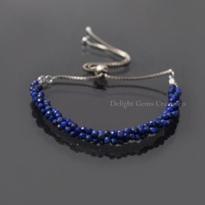 Bolo Chain Silver Adjustable Bracelet, 2.5mm Lapis Lazuli Micro Faceted Beads Silver Bracelet, Bolo Bracelet, Women Bracelet, Christmas Gift