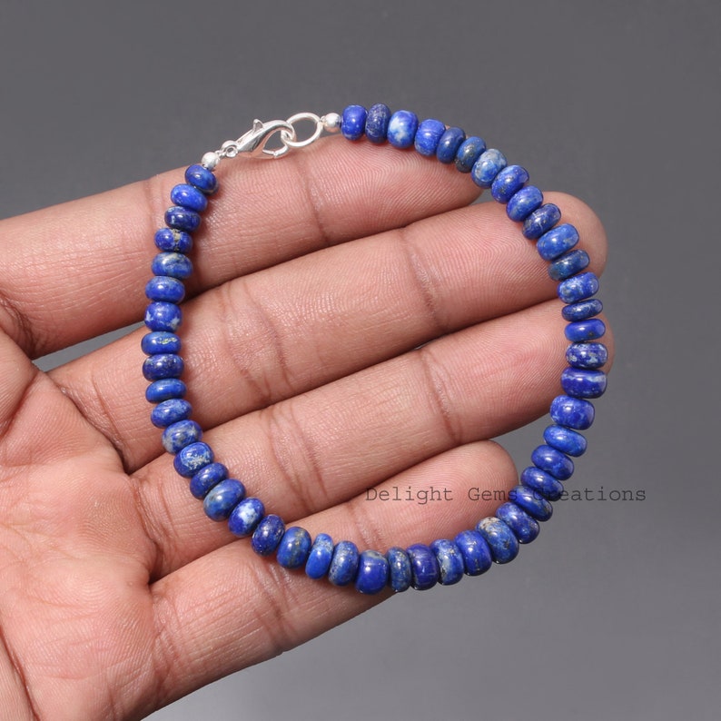 Authentic AAA blue lapis lazuli beaded bracelet-6.5mm-7mm smooth Rondell blue gemstone jewelry-925 lobster clasp-men bracelet-women bracelet image 8