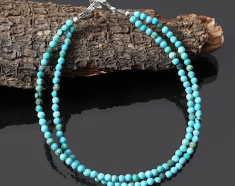 Pulsera de cuentas redondas facetadas turquesa, pulsera de piedra preciosa minimalista turquesa de 3 mm, pulsera hecha a mano de dos hilos, joyería turquesa natural