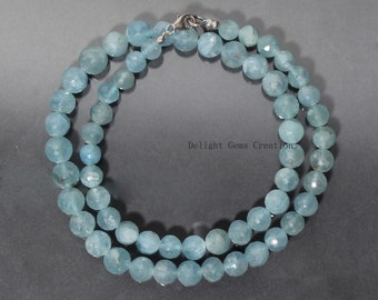 Collier de perles aigue-marine naturelle, collier de perles rondes aigue-marine bleue à facettes, perles de 6-8,5 mm, collier de pierres précieuses aigue-marine pour femme