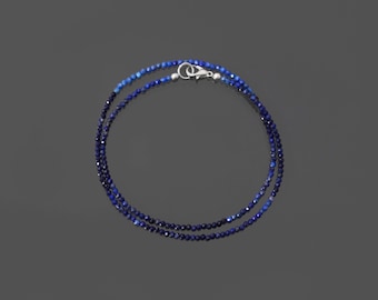 Lapis Lazuli Beaded Necklace, Micro Faceted 2.5mm Tiny Beads
