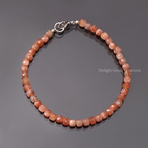 Natural Sunstone Beaded Bracelet, 4.5mm Sunstone Faceted Cube Box Beads Bracelet, Sunstone Crystal Bracelet, Gemstone Bracelet, Gift For Her