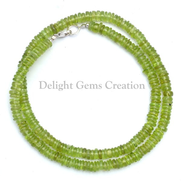 Peridot Beaded Necklace, Natural Stone Party Wear Peridot Bead Necklace, 5-5.5mm Peridot Plain Tyre Beads Statement Necklace 18 to 24 Inches