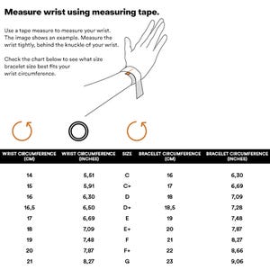 May include: A chart showing wrist and bracelet size conversions in inches and centimeters. The chart includes wrist sizes from 14 to 21 centimeters and bracelet sizes from 16 to 23 centimeters.