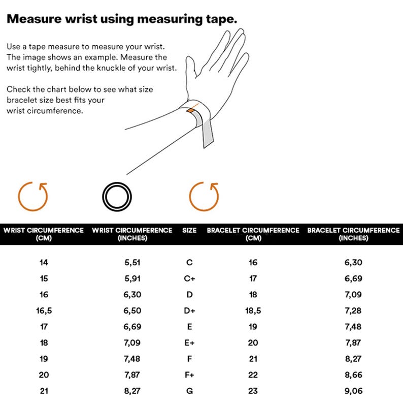 May include: A chart showing wrist and bracelet size conversions in inches and centimeters. The chart includes wrist sizes from 14 to 21 centimeters and bracelet sizes from 16 to 23 centimeters.
