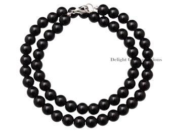 8mm Black Onyx Necklace, Beaded Necklace, Natural Onyx Smooth Round Beads Necklace, Onyx Jewelry, Semi Precious Gemstone, 18 Inches Necklace