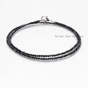 Natural Black Spinel Beaded Necklace,2mm Black Spinel Micro Faceted Round Beads Necklace,Silver Coated Spinel Minimalist Tiny Beads Necklace