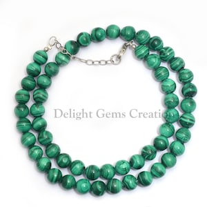 Malachite Beaded Necklace, 7-8mm Malachite Smooth Round Beads, Opaque Green-Banded Malachite Gemstone Necklace, Mineral Beads, Gift For Her