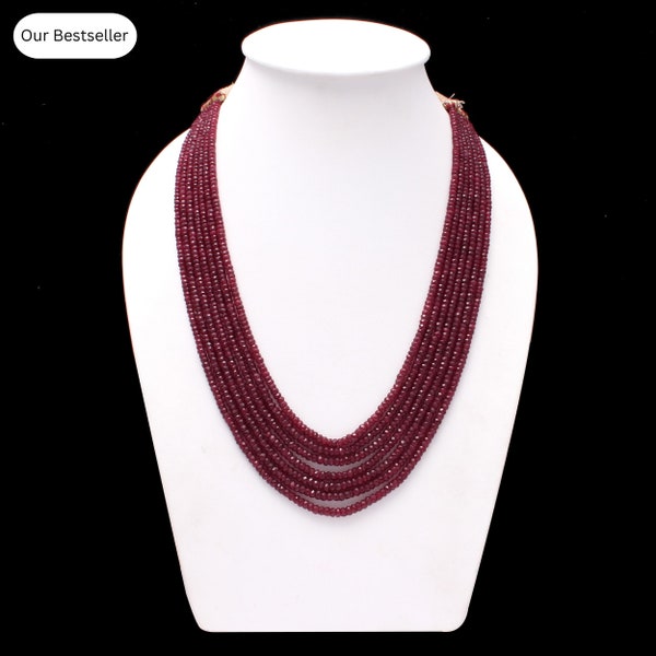 ON SALE ruby beaded necklace, ruby faceted 4mm to 5mm rondelle beads necklace,16-19 inch long red ruby necklace 7 Strand Adjustable Necklace
