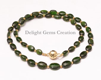 Natural Chrome Diopside Beaded Necklace, 5x7mm-7x10mm Green Chrome Diopside Necklace, Silver Green Necklace With Gold Vermeil Magnetic Clasp